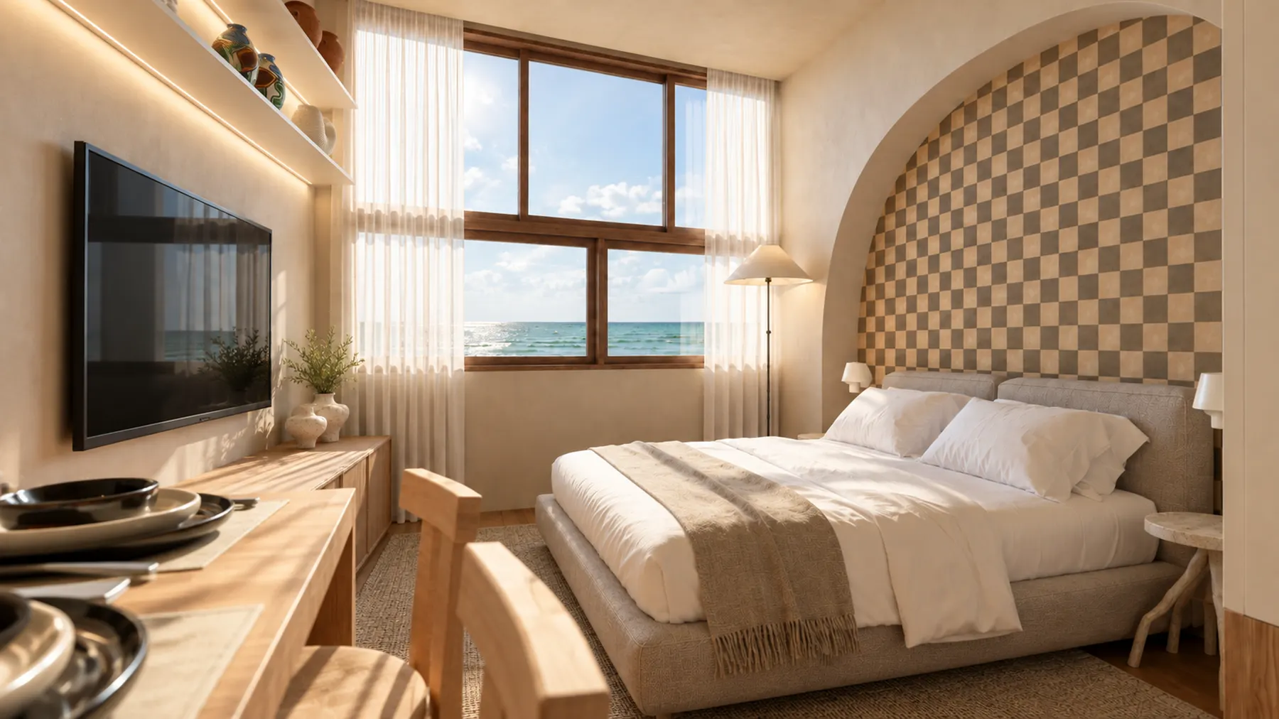 Dormitorio del flat con cabecero ajedrezado y ventana al mar