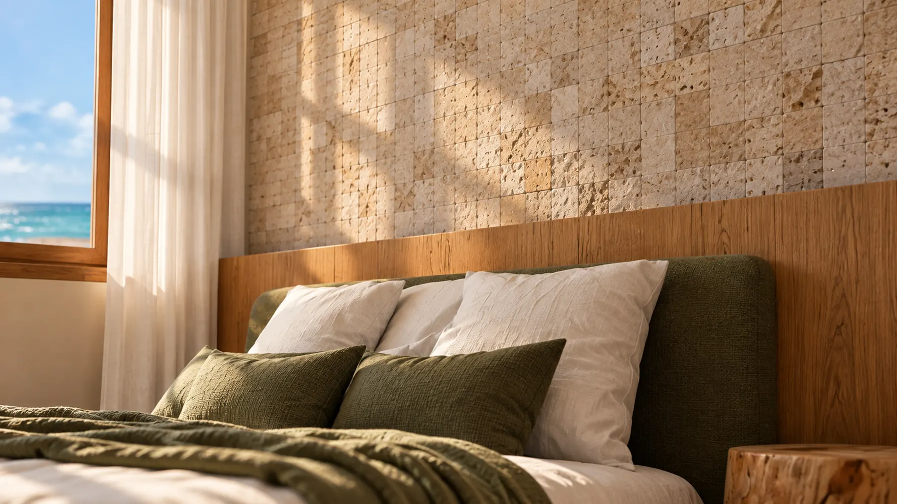 Detalle del dormitorio con ropa de cama blanca y manta verde