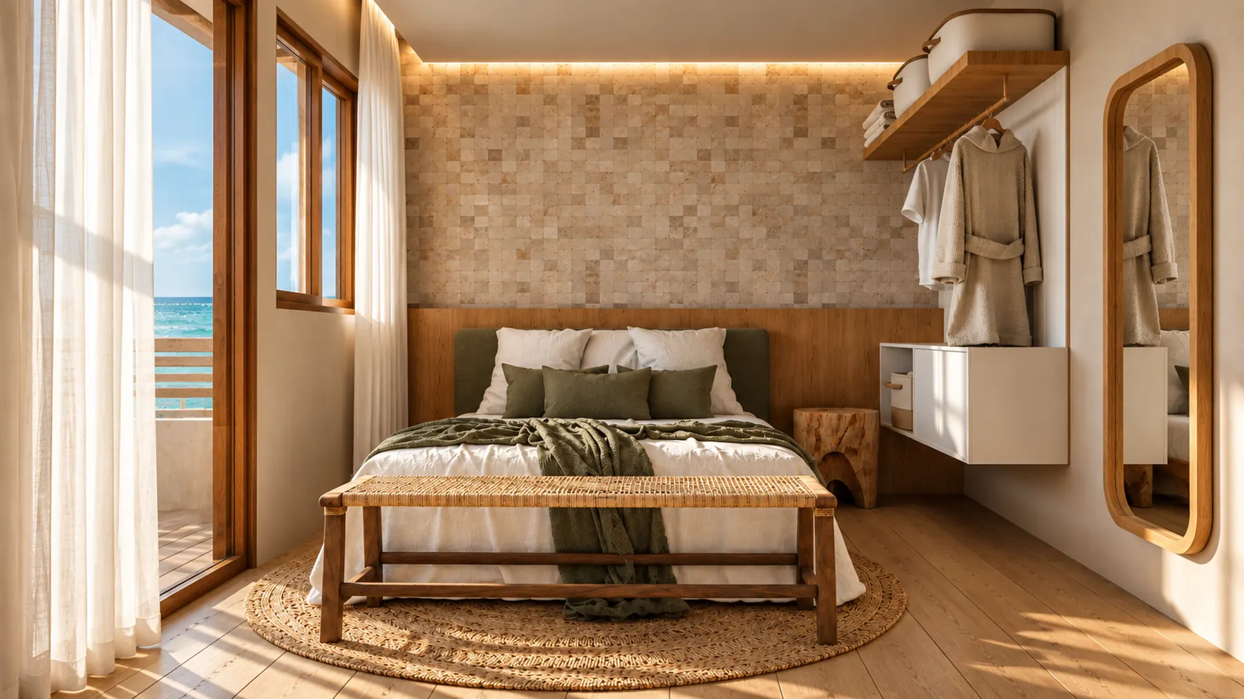 Dormitorio con cama, banco de paja y manta verde, abierto al balcón