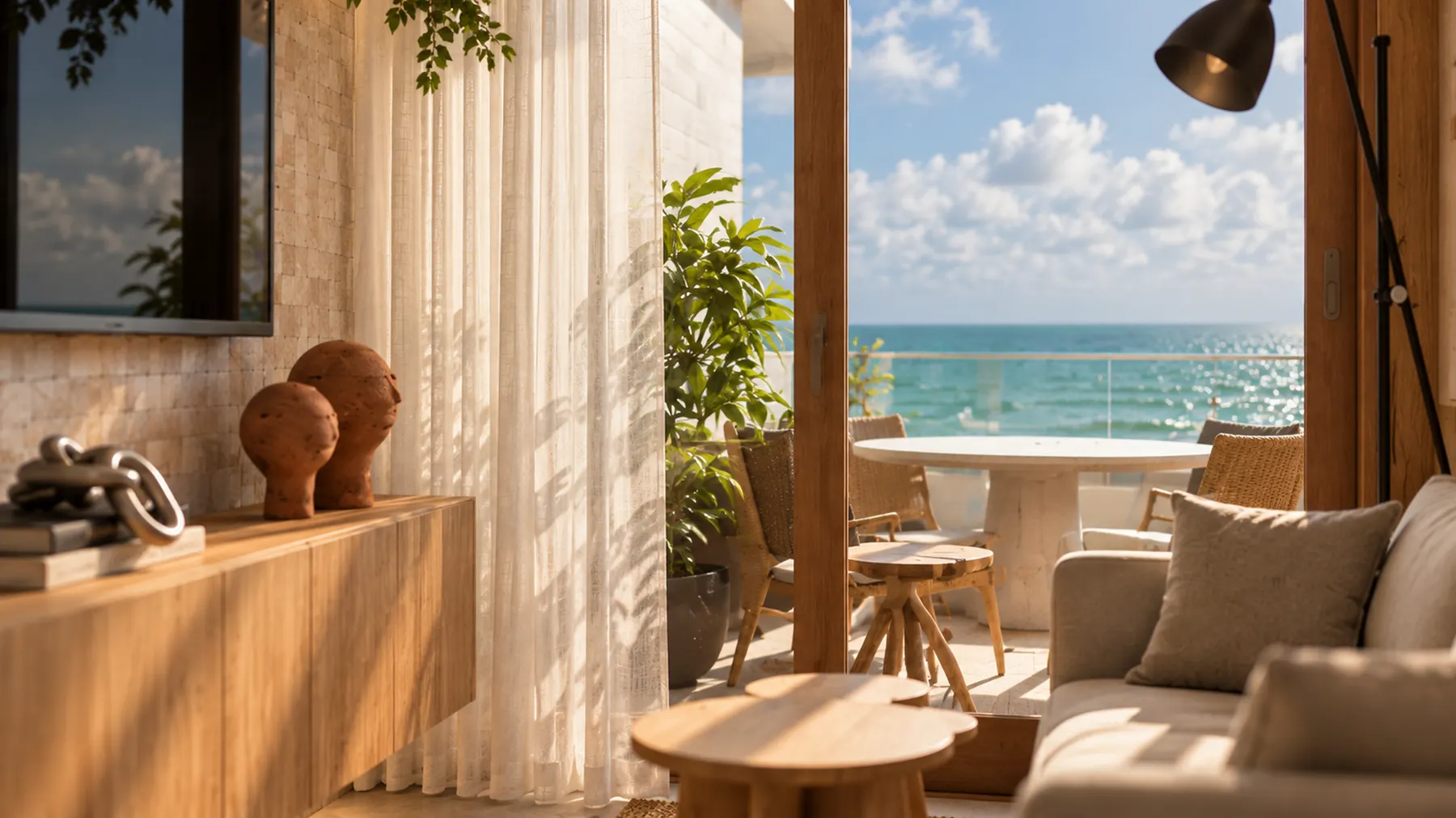 Sala do decorado com sofá, varanda e o mar de Maragogi ao fundo