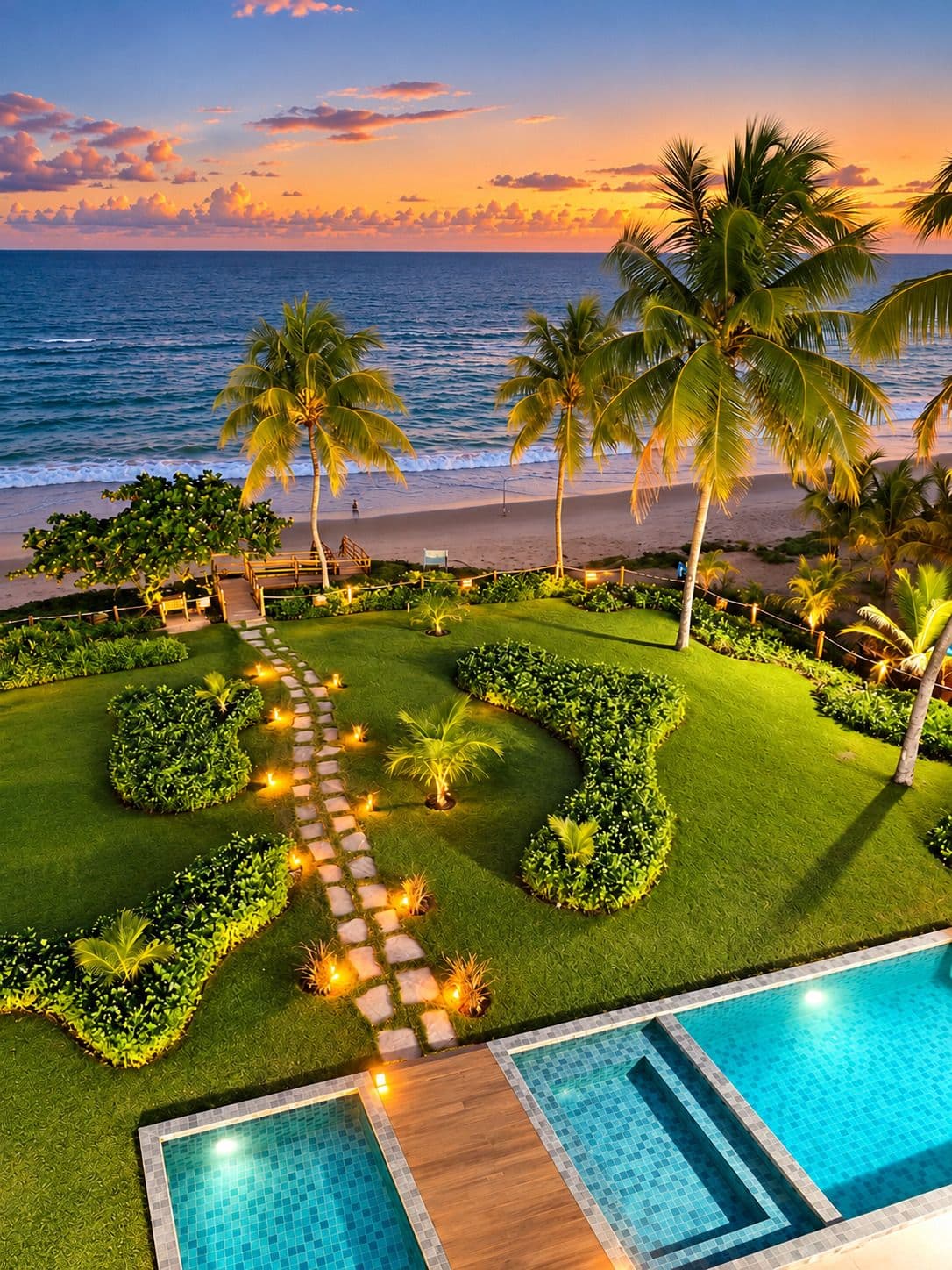 Jardim com palmeiras e piscinas à beira-mar no Kauai Beach Residence, em Tamandaré